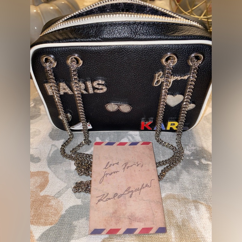 NWT KARL LAGERFELD MUERICE PARIS BLACK LEATHER-CROSSBODY-SILVER HARDWARE